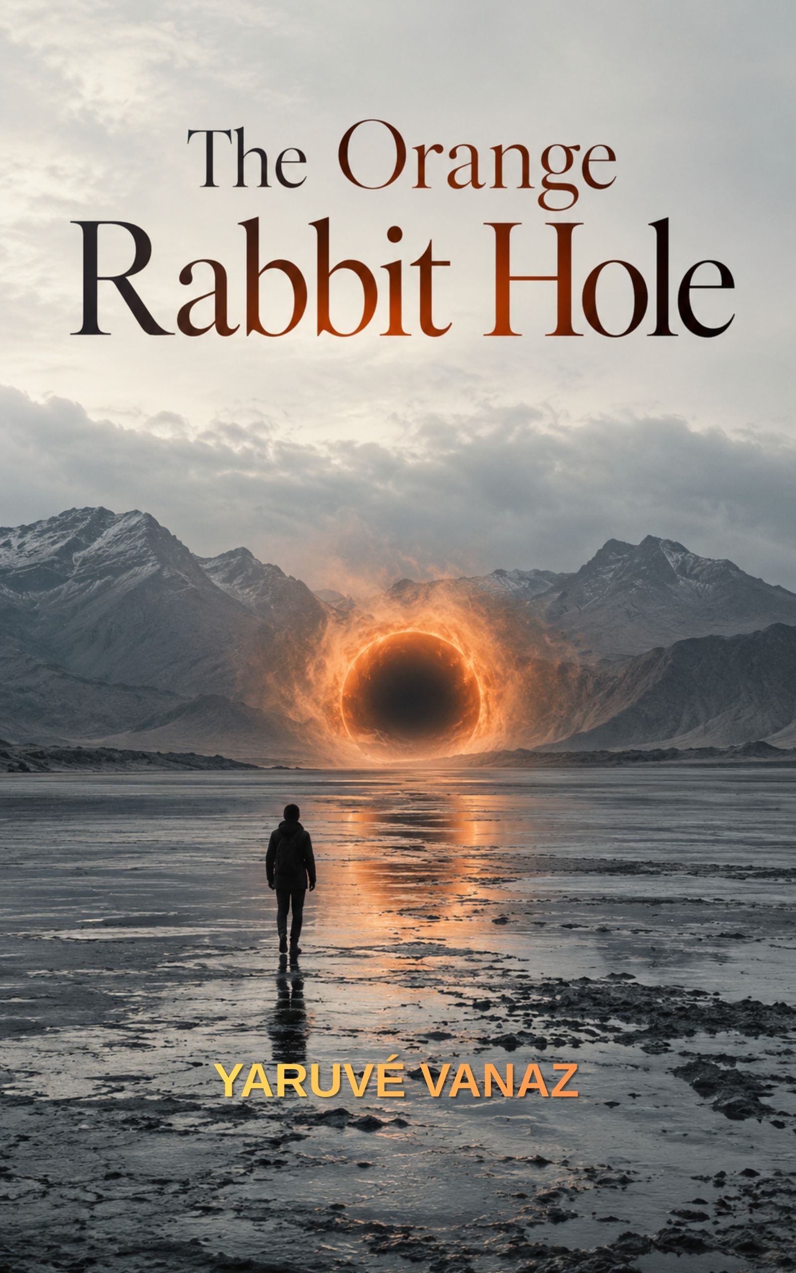 Cover of The Orange Rabbit Hole — a man alone facing an eclipse with an orange halo over a ruined city